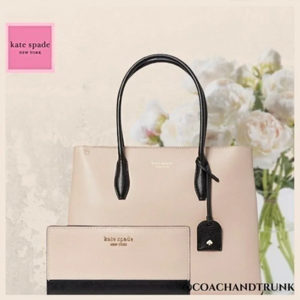 KATE SPADE SET Saffiano Leather Eva Satchel Warm Beige Black w/ Wallet NWT